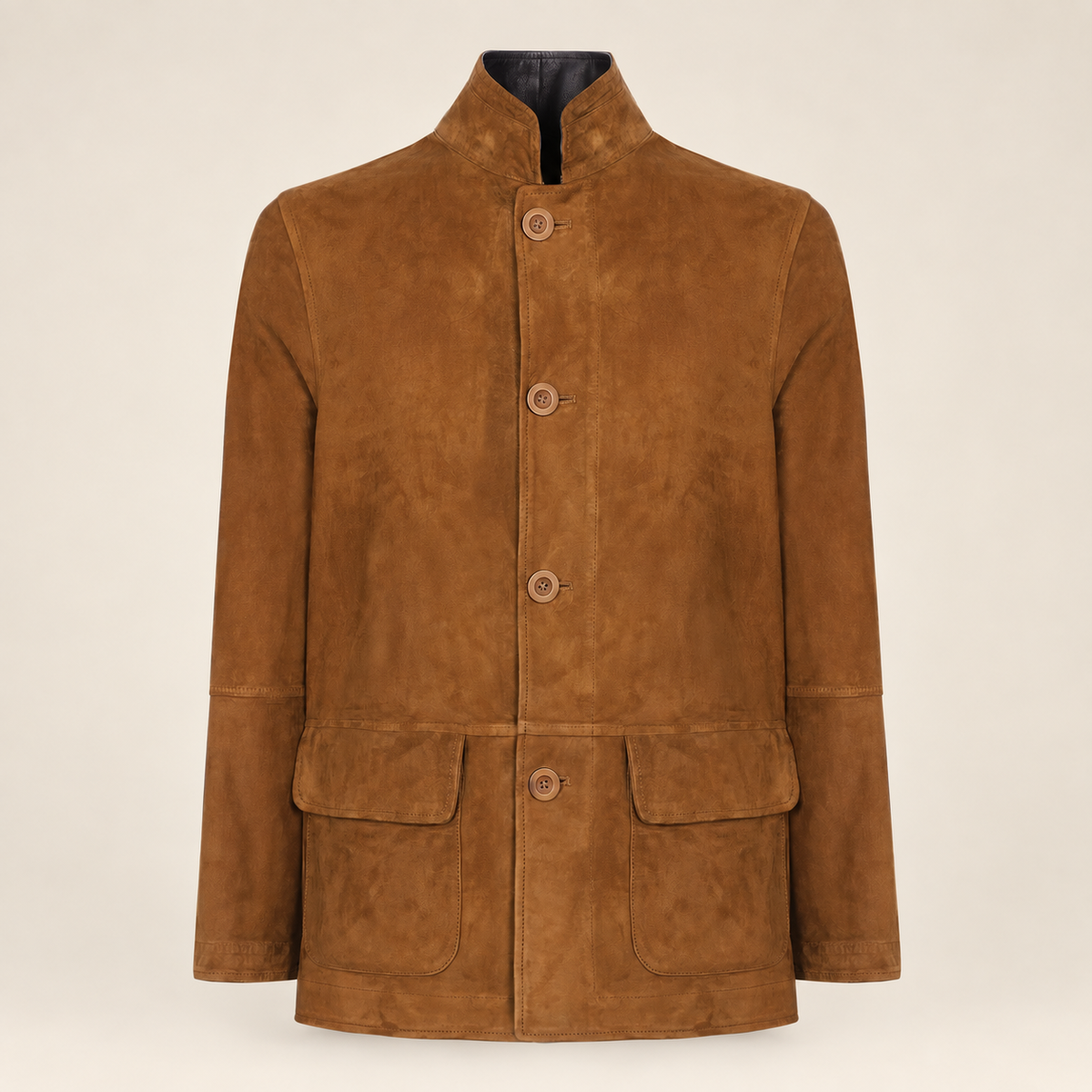 Straight front product view of the Cairnwell men's brown blue reversible leather blazer coat.