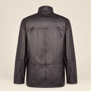Rear view of the reversible leather side of the Cairnwell men's brown blue reversible leather blazer coat.