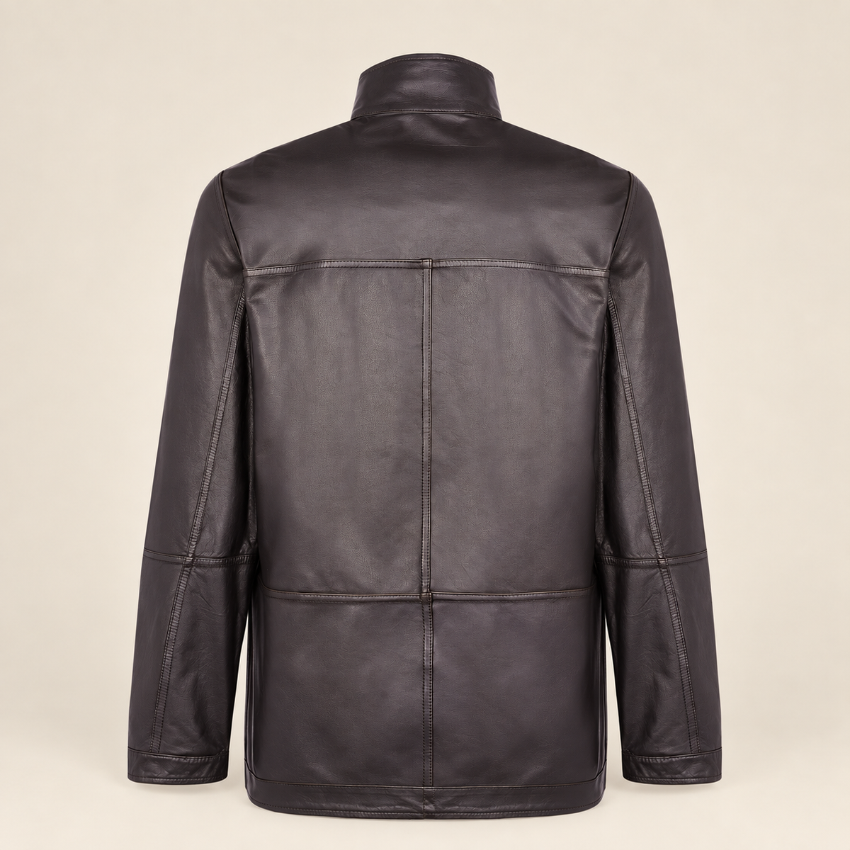 Rear view of the reversible leather side of the Cairnwell men's brown blue reversible leather blazer coat.