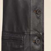 Detail of the reversible leather side of the Cairnwell men's brown blue reversible leather blazer coat.