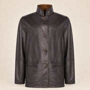 Front view of the reversible leather side of the Cairnwell men's brown blue reversible leather blazer coat.