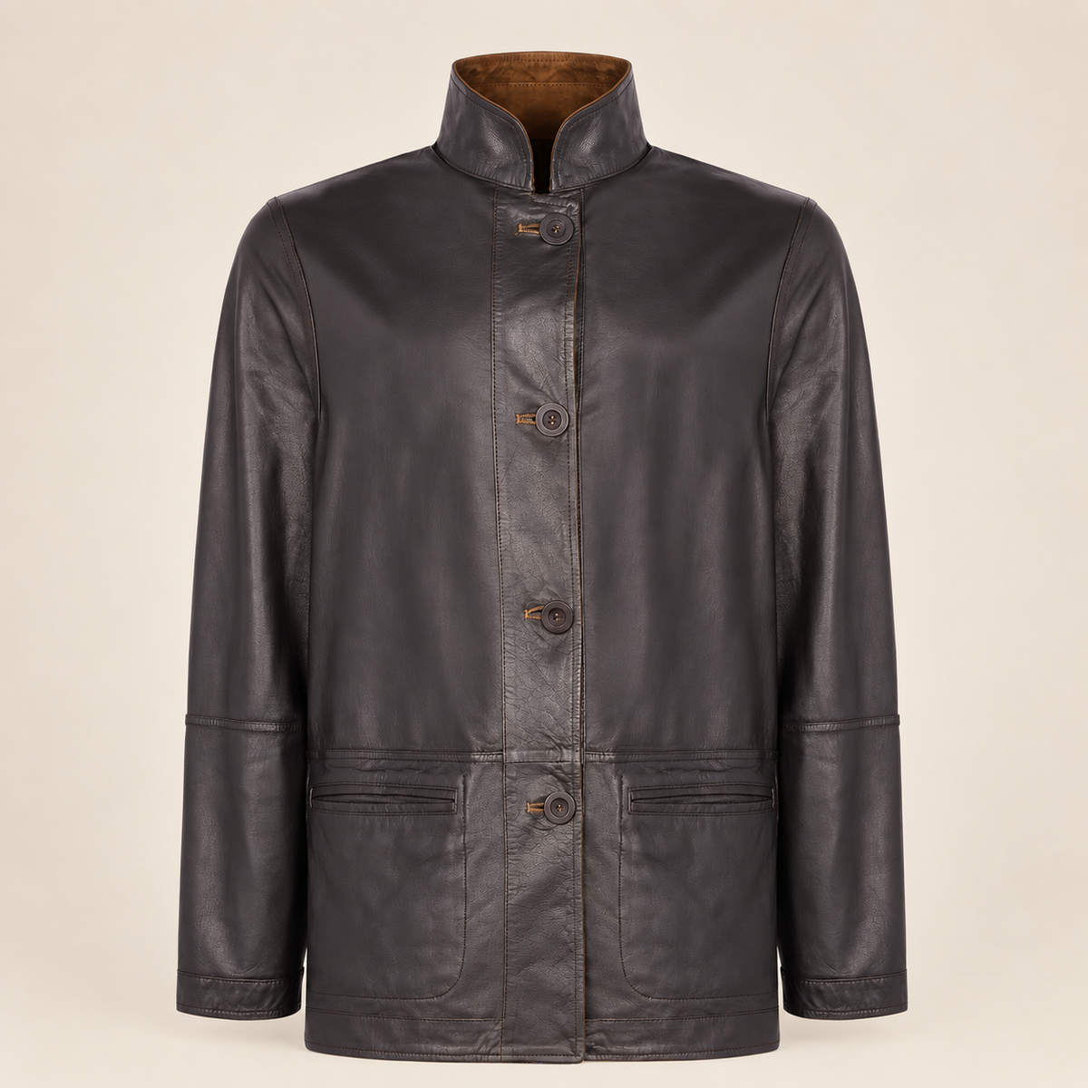 Front view of the reversible leather side of the Cairnwell men's brown blue reversible leather blazer coat.