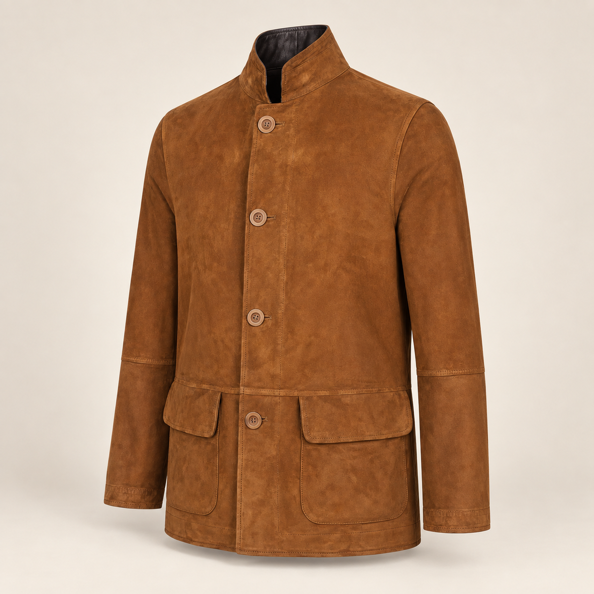 Three-quarter product view of the Cairnwell men's brown blue reversible leather blazer coat.