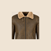 Leather grain and shearling close-up of the Calderfell Men's Dirty Brown B3 Shearling Aviator Jacket