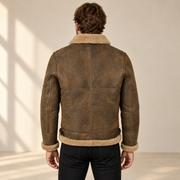 Back model view of the Calderfell Men's Dirty Brown B3 Shearling Aviator Jacket