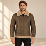 Front model view of the Calderfell Men's Dirty Brown B3 Shearling Aviator Jacket
