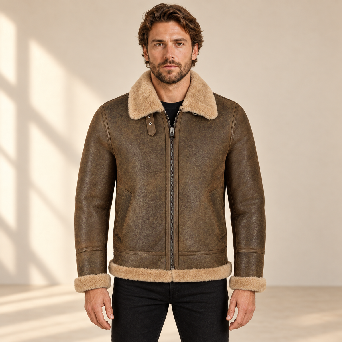 Front model view of the Calderfell Men's Dirty Brown B3 Shearling Aviator Jacket