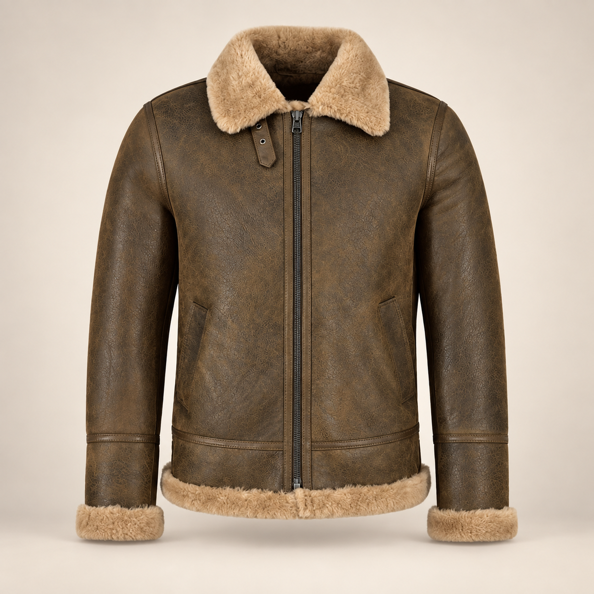 Front product view of the Calderfell Men's Dirty Brown B3 Shearling Aviator Jacket