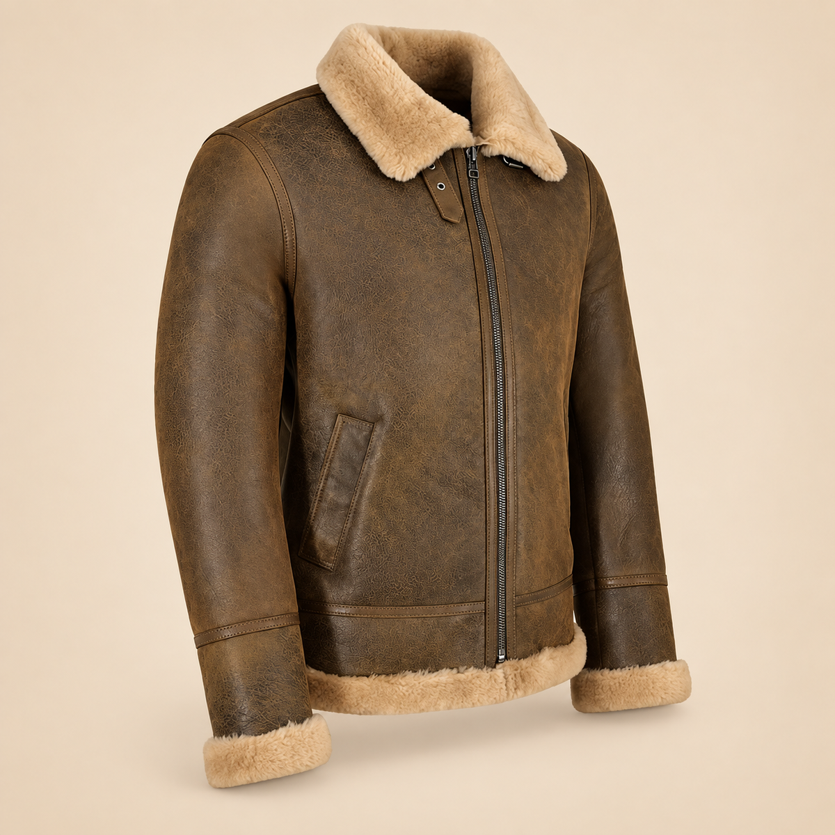 Three-quarter product view of the Calderfell Men's Dirty Brown B3 Shearling Aviator Jacket