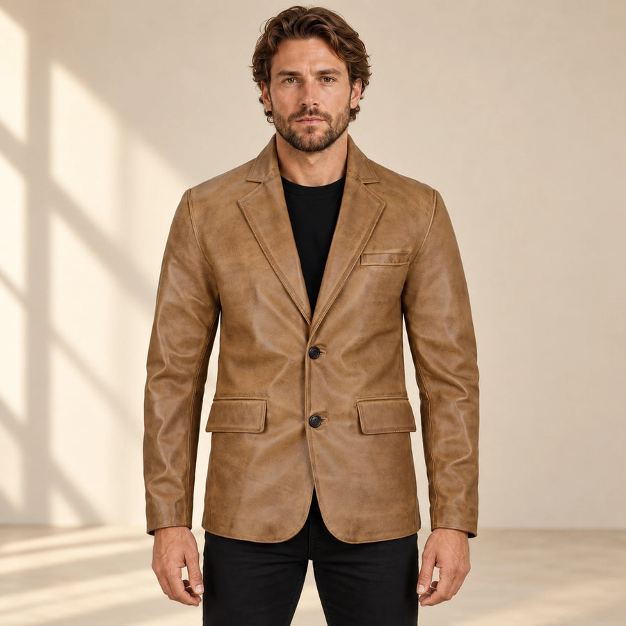 Camelridge Men's Camel Brown Sheepskin Leather Blazer
