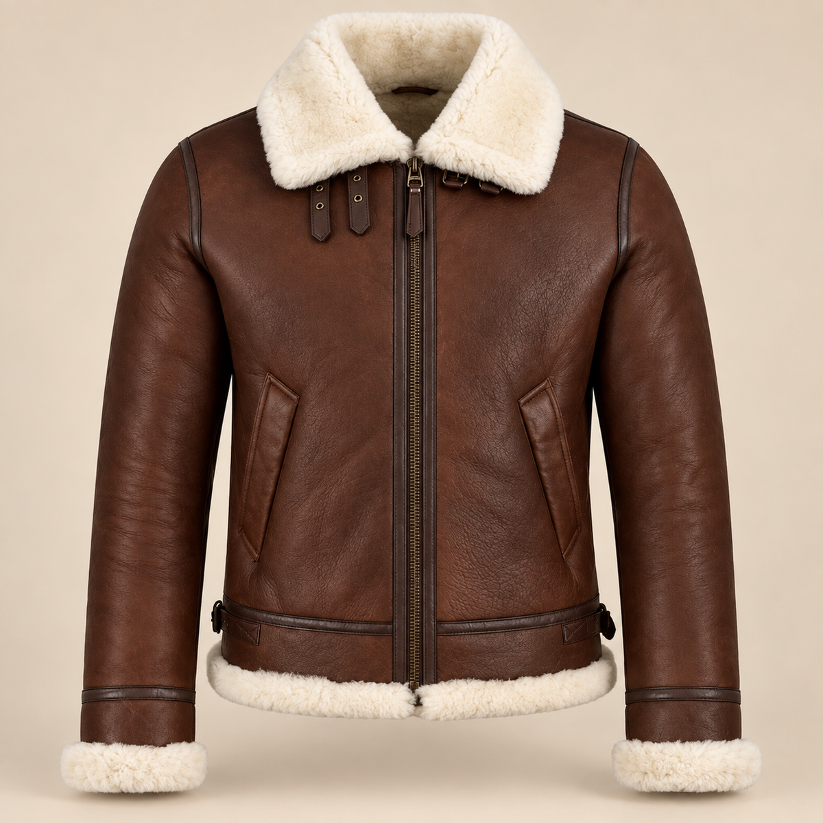 Leather grain and shearling close-up of the Chesterton Men's Chestnut B3 Shearling Aviator Jacket