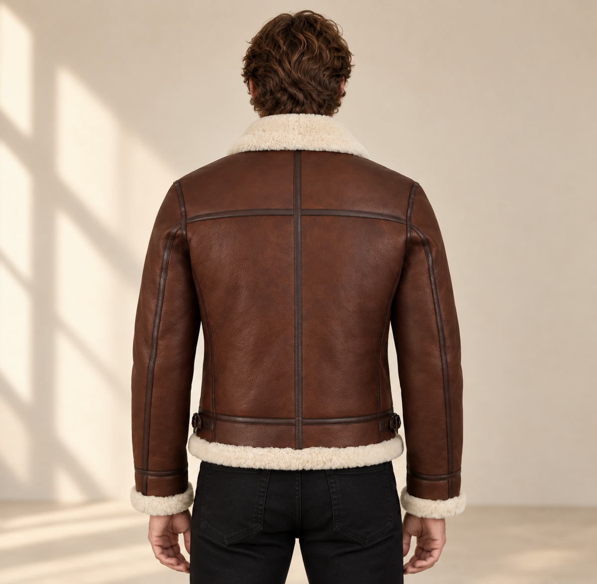 Back model view of the Chesterton Men's Chestnut B3 Shearling Aviator Jacket