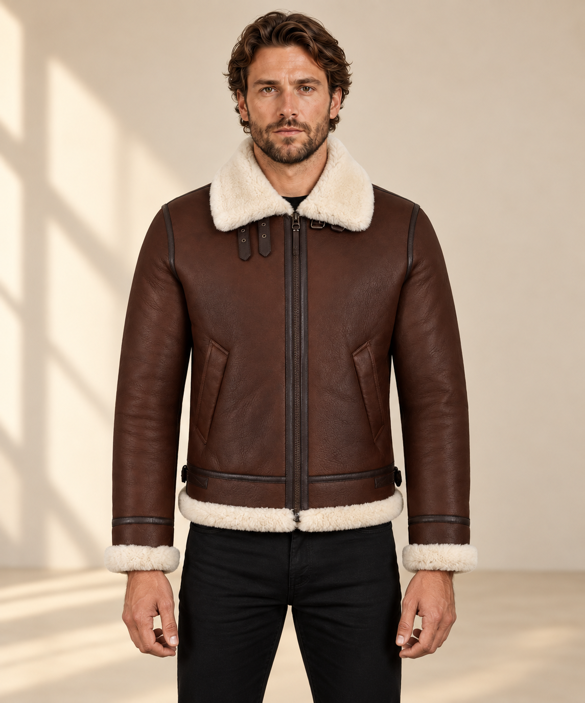 Front model view of the Chesterton Men's Chestnut B3 Shearling Aviator Jacket