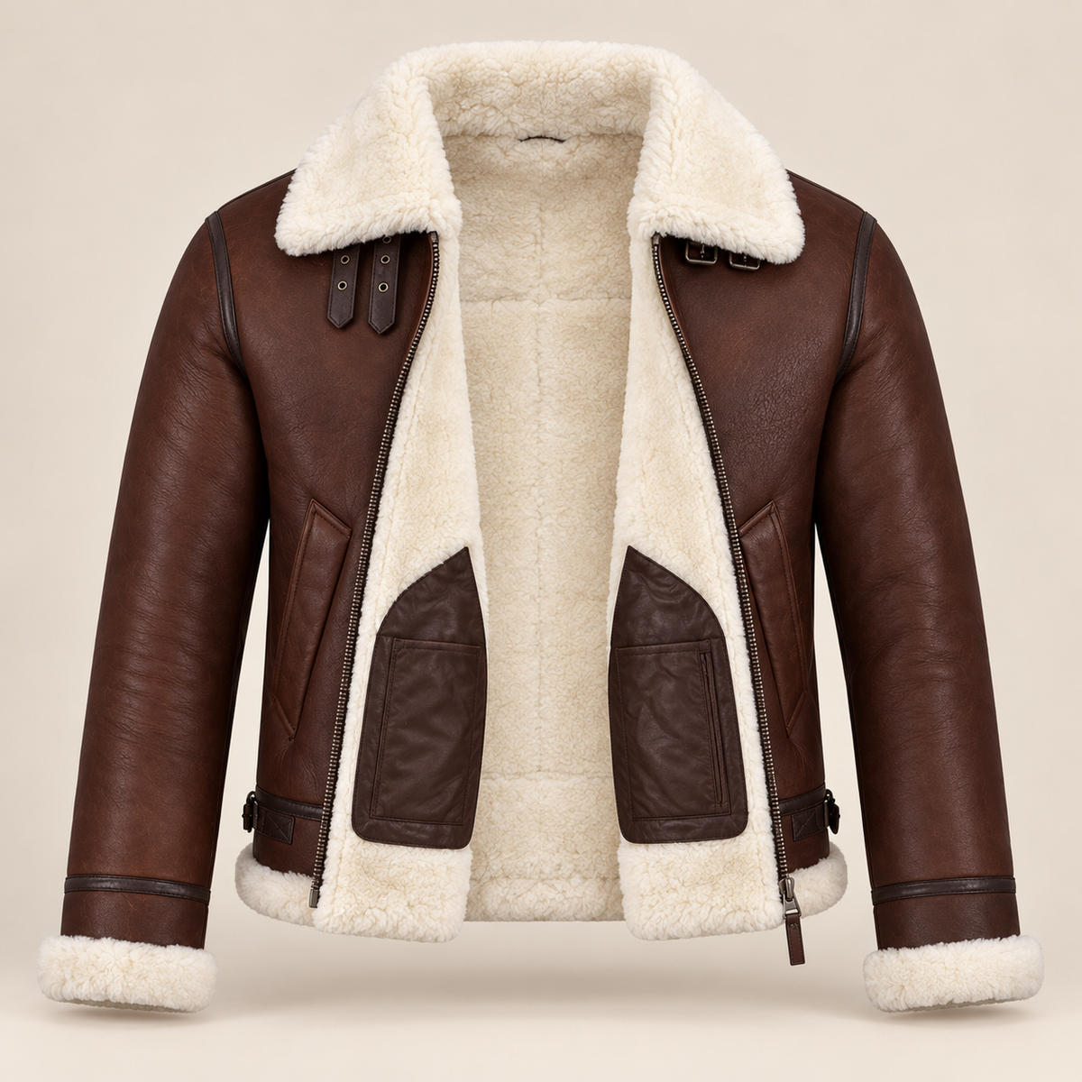Open inner shearling view of the Chesterton Men's Chestnut B3 Shearling Aviator Jacket