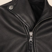 Men's Black Lambskin Cross-Front Moto Jacket, close up view