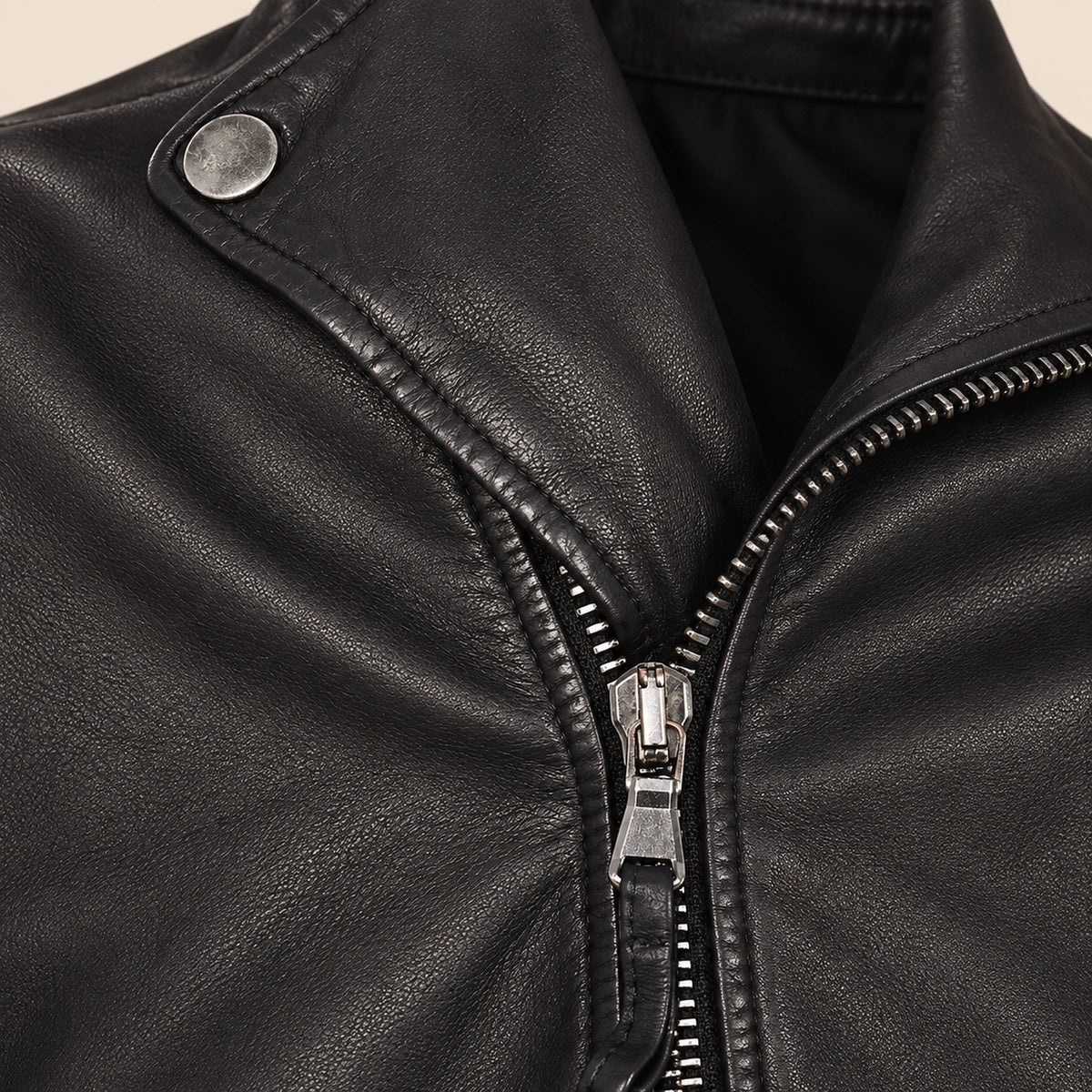 Men's Black Lambskin Cross-Front Moto Jacket, close up view
