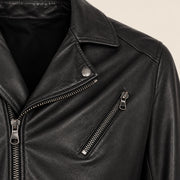 Men's Black Lambskin Cross-Front Moto Jacket, hardware detail view