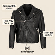 Men's Black Lambskin Cross-Front Moto Jacket, infographic view
