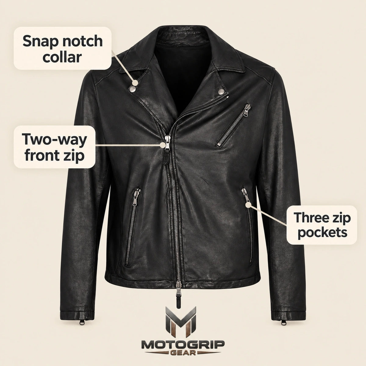 Men's Black Lambskin Cross-Front Moto Jacket, infographic view