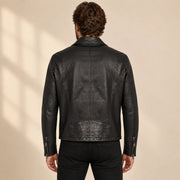 Men's Black Lambskin Cross-Front Moto Jacket, model back view