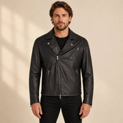 Men's Black Lambskin Cross-Front Moto Jacket, model front view