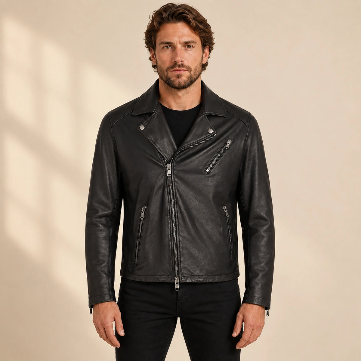Men's Black Lambskin Cross-Front Moto Jacket, model front view