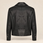 Men's Black Lambskin Cross-Front Moto Jacket, product back view