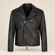Men's Black Lambskin Cross-Front Moto Jacket, product front view