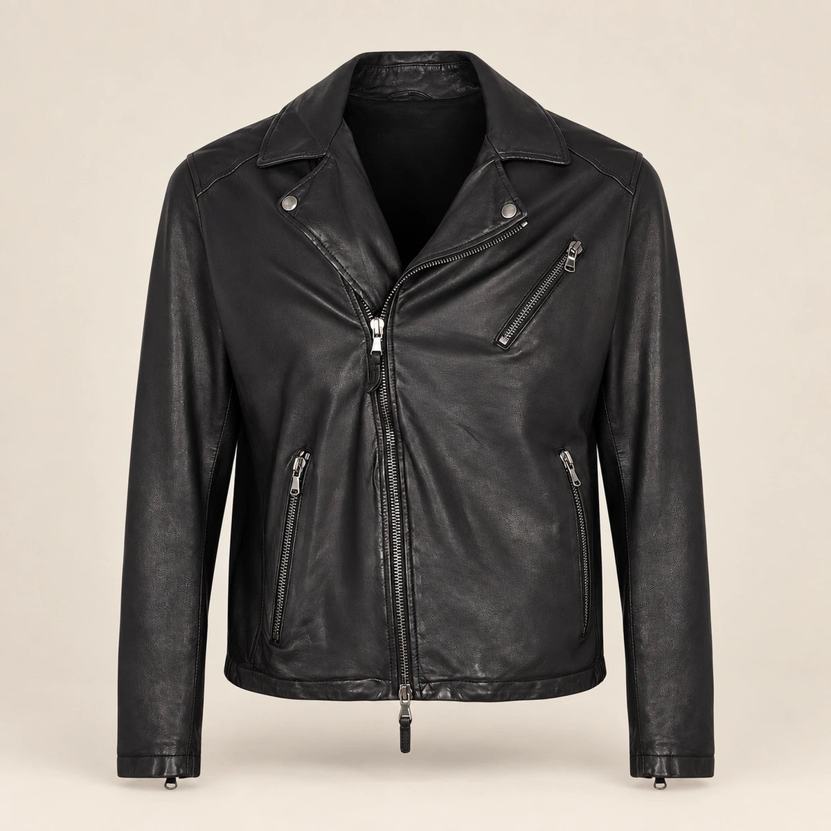 Men's Black Lambskin Cross-Front Moto Jacket, product front view