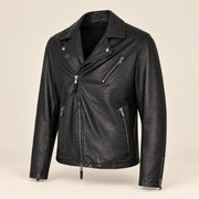 Men's Black Lambskin Cross-Front Moto Jacket, side angle view