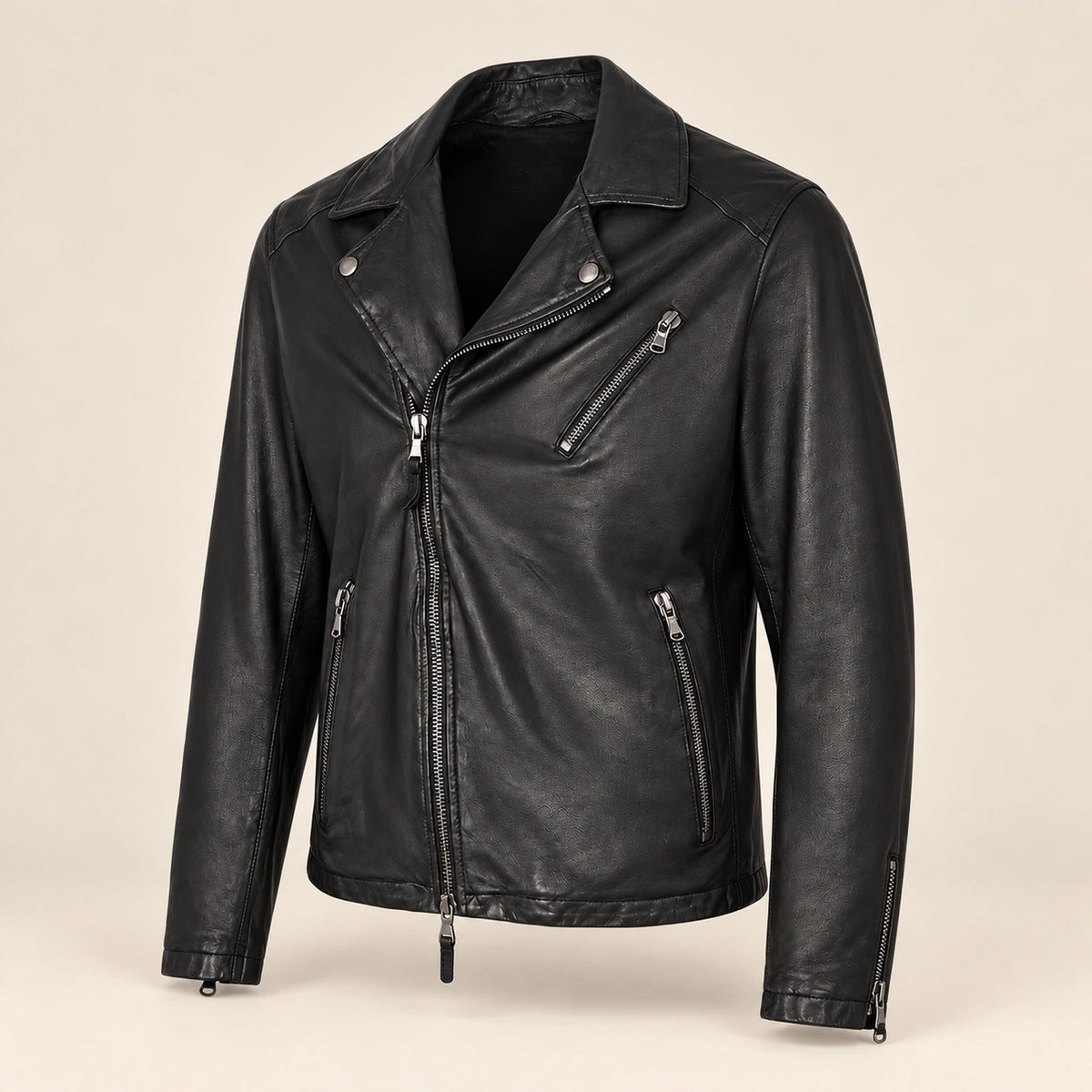 Men's Black Lambskin Cross-Front Moto Jacket, side angle view
