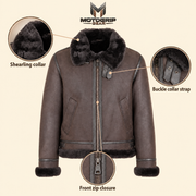 Feature diagram showing visible garment details of the Dalesmere men's dark brown shearling aviator jacket.