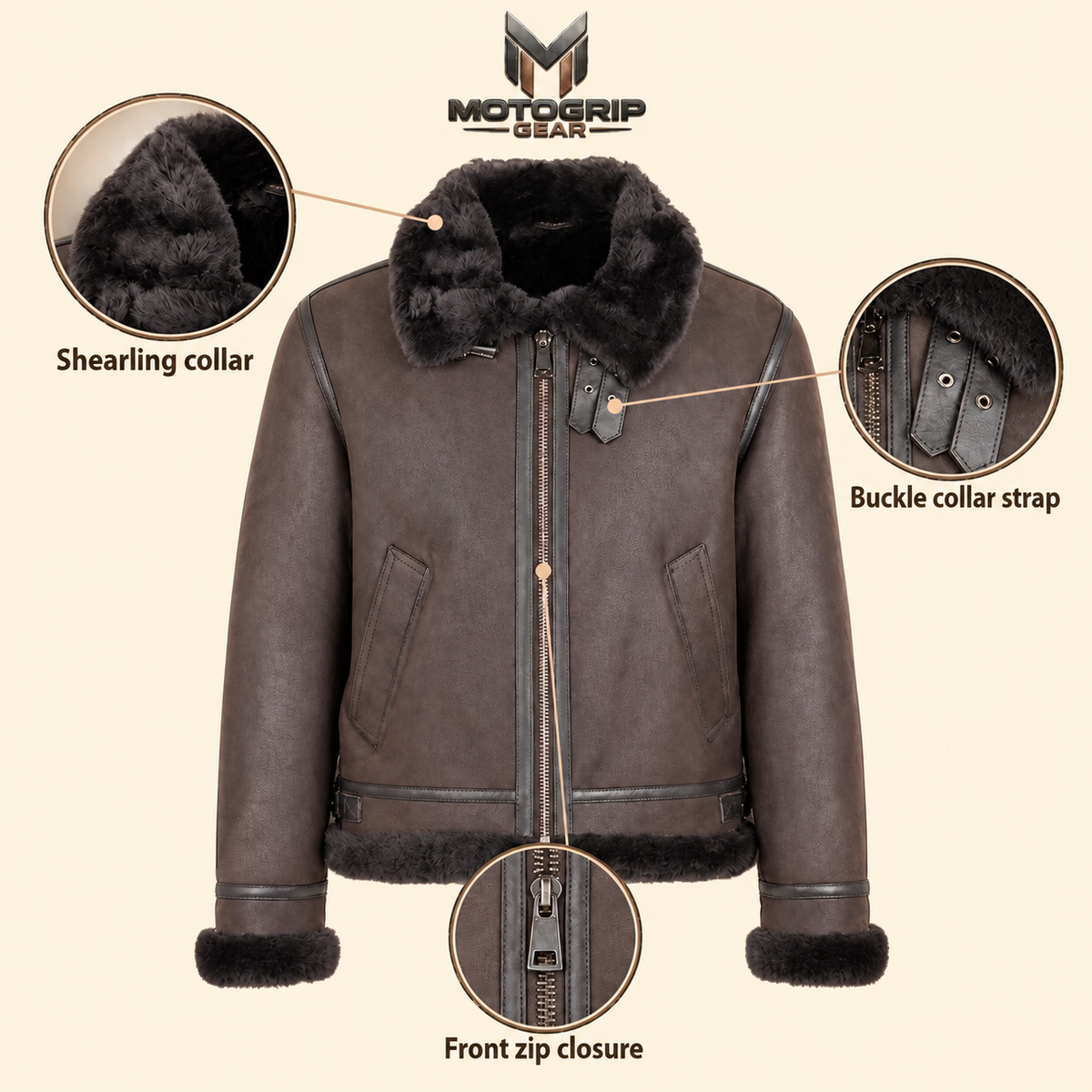 Feature diagram showing visible garment details of the Dalesmere men's dark brown shearling aviator jacket.