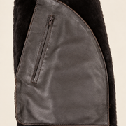 Interior construction and pocket detail of the Dalesmere men's dark brown shearling aviator jacket.