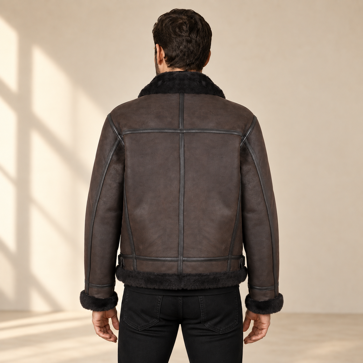 Rear view worn by a male model of the Dalesmere men's dark brown shearling aviator jacket.