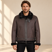 Front view worn by a male model of the Dalesmere men's dark brown shearling aviator jacket.