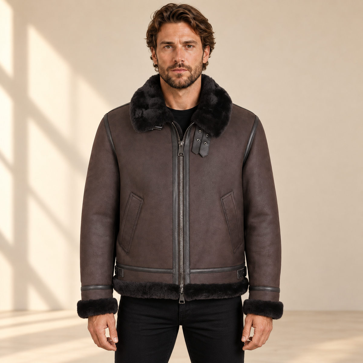 Front view worn by a male model of the Dalesmere men's dark brown shearling aviator jacket.