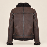 Straight rear product view of the Dalesmere men's dark brown shearling aviator jacket.