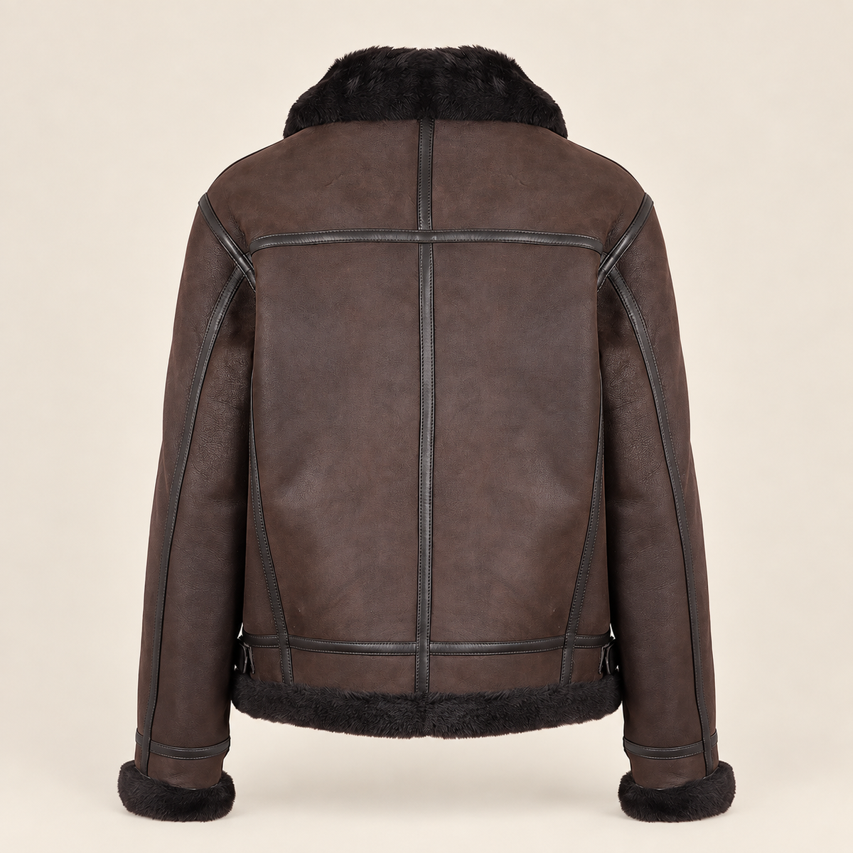 Straight rear product view of the Dalesmere men's dark brown shearling aviator jacket.