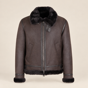 Straight front product view of the Dalesmere men's dark brown shearling aviator jacket.