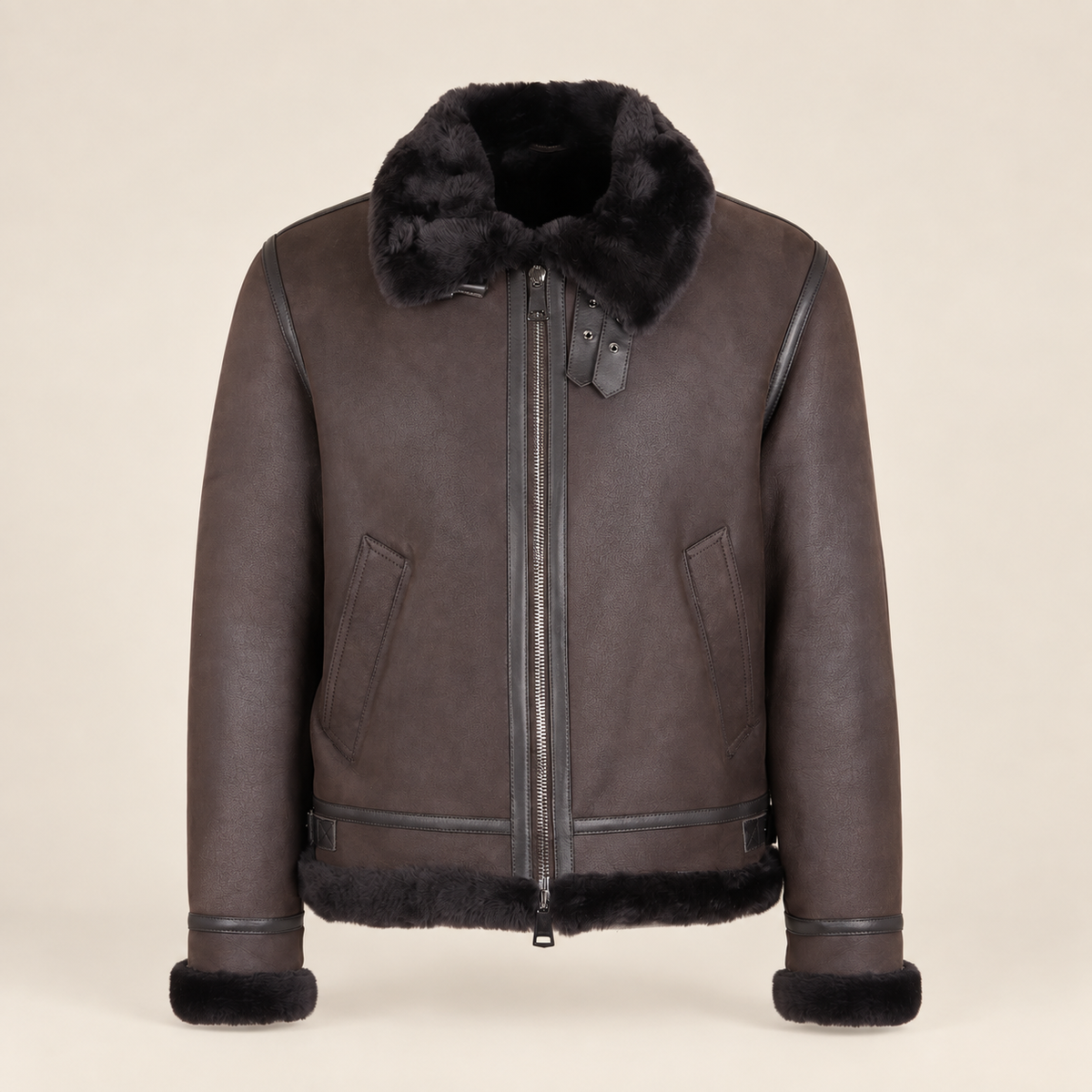 Straight front product view of the Dalesmere men's dark brown shearling aviator jacket.