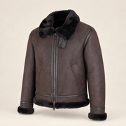 Three-quarter product view of the Dalesmere men's dark brown shearling aviator jacket.