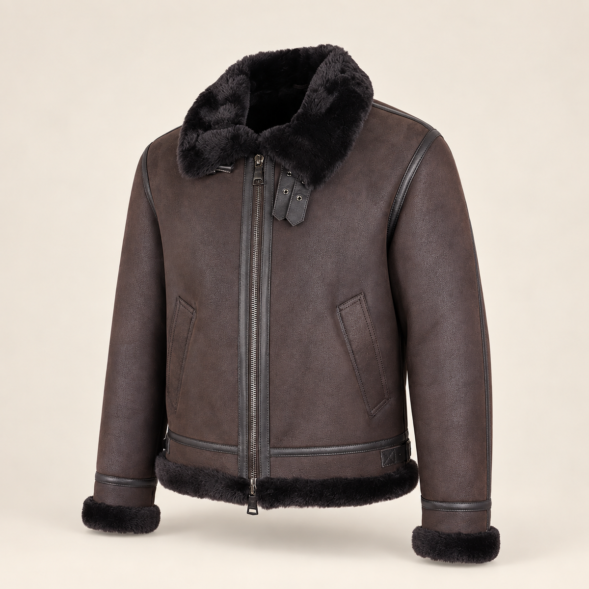 Three-quarter product view of the Dalesmere men's dark brown shearling aviator jacket.