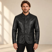 Dunleigh Men's Black Mid-Length Lambskin Safari Jacket front view on male model