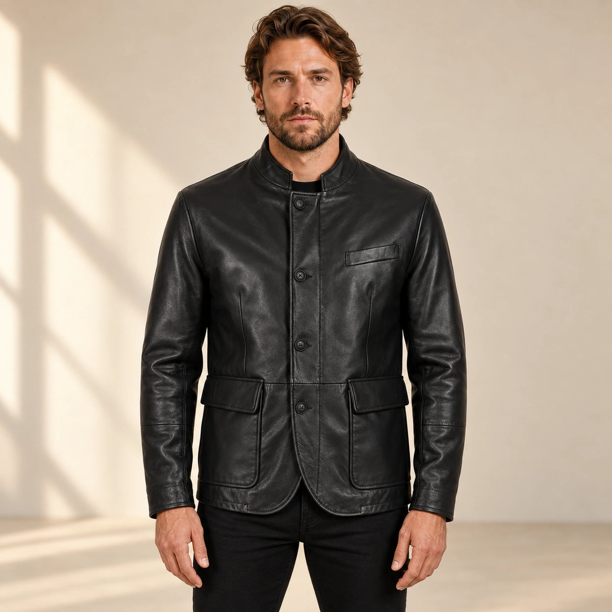 Dunleigh Men's Black Mid-Length Lambskin Safari Jacket front view on male model