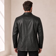 Dunleigh Men's Black Mid-Length Lambskin Safari Jacket back view on male model