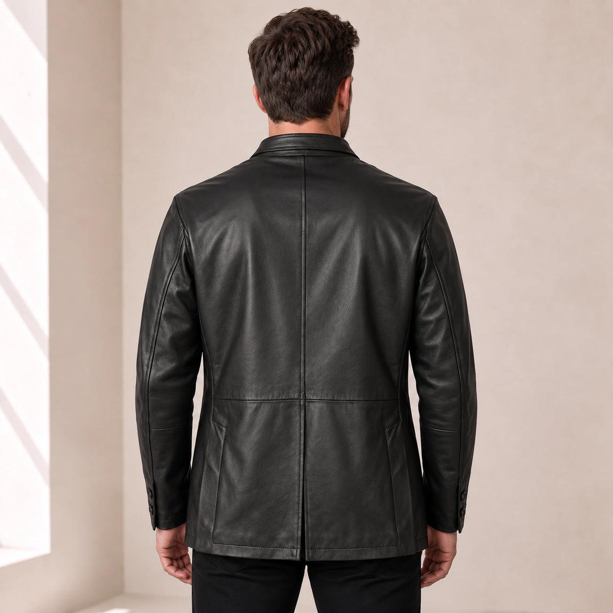 Dunleigh Men's Black Mid-Length Lambskin Safari Jacket back view on male model