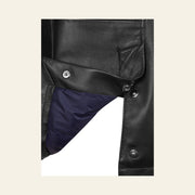 Dunleigh Men's Black Mid-Length Lambskin Safari Jacket hardware and stitching detail
