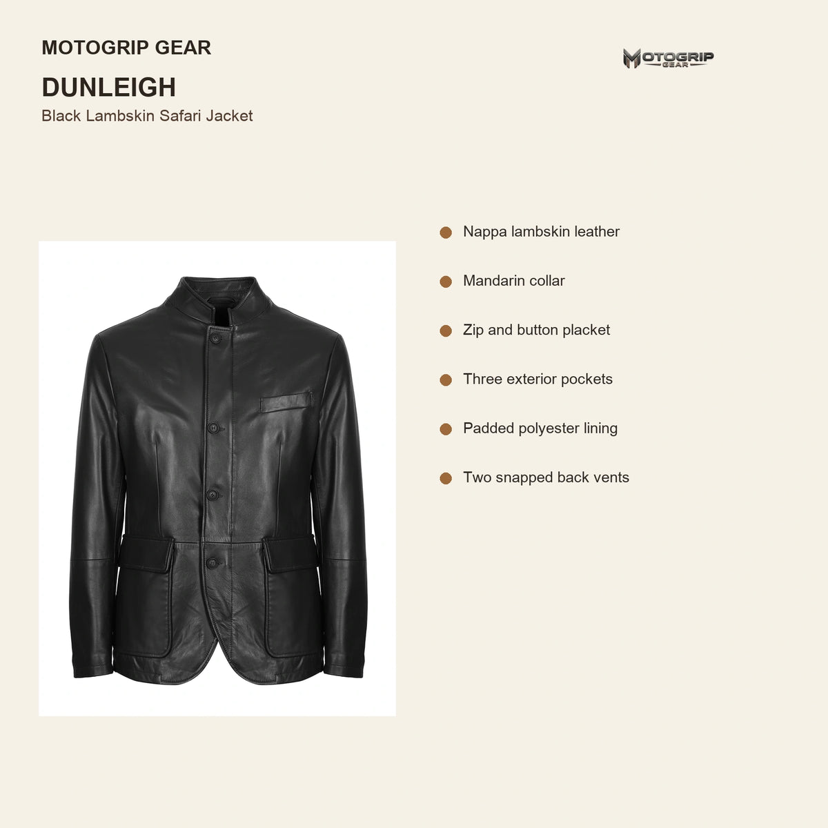 Dunleigh Men's Black Mid-Length Lambskin Safari Jacket key features