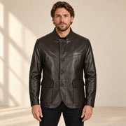 Dunleigh Men's Chocolate Mid-Length Lambskin Safari Jacket front view on male model